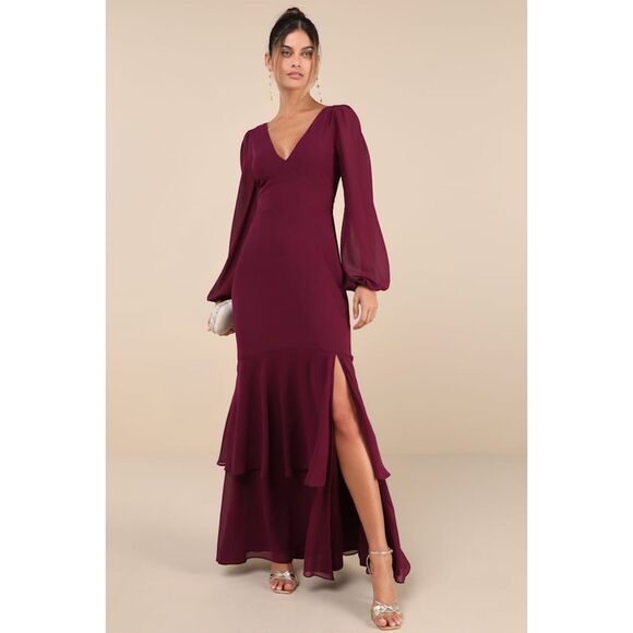Lulus Tier Elegance Plum Purple Long Sleeve Tiered Maxi Dress Size Medium - Picture 1 of 16